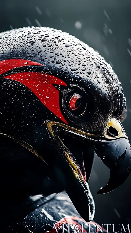 Predatory cyber-hawk glares through rain in razor focus