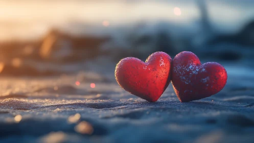 Frost-Covered Red Hearts on Frozen Beach at Golden Hour.