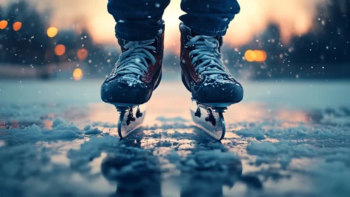 Close-up winter ice skates gliding on snowy frozen lake.