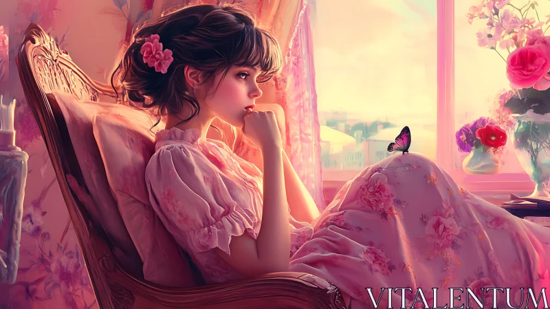 Windowlit daydreamer in rose chiffon with patient butterfly.