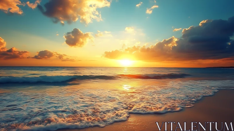 Sunlit surf drapes the shoreline in molten horizon glow.