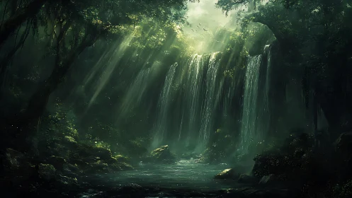 Luminous Cascade: Where Emerald Canopy Weeps Into Twilight Waters.