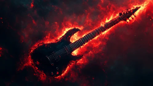 Flaming electric guitar carves molten chords through darkness