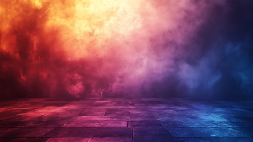 Color graded empty tiled floor under gradient fog wall.