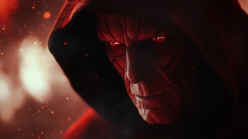 Hooded ember-eyed warlock studies the glow of his own rage