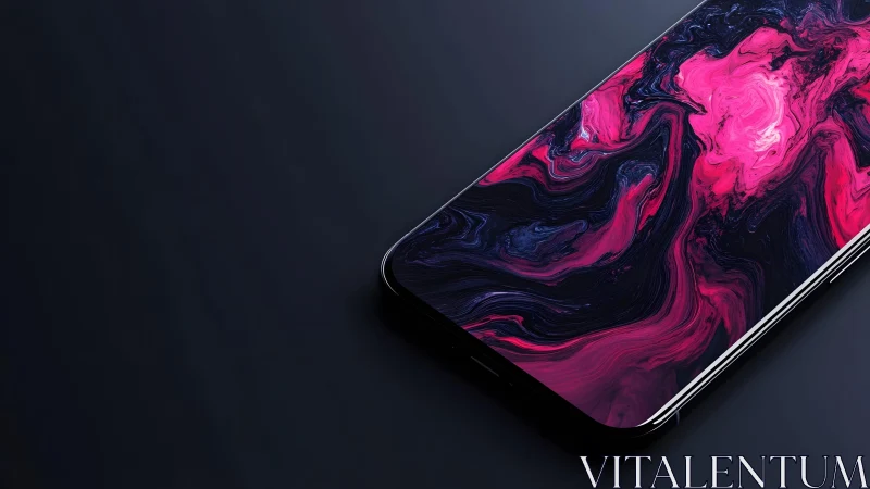 Modern smartphone with abstract vibrant pink and black wallpaper.