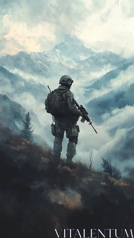 Solitary soldier overlooking misty alpine valley at dawn.