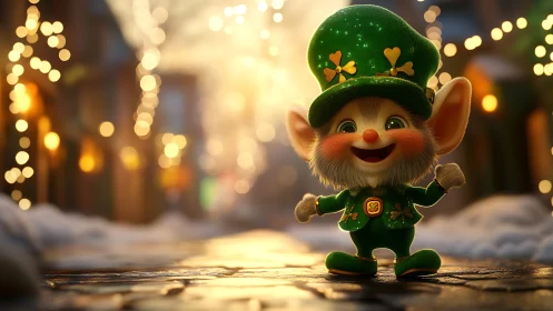 Cute leprechaun character on glowing festive street at dusk.
