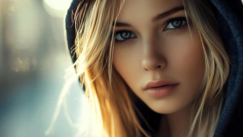 Midnight-hued hoodie frames eyes that quietly steal daylight