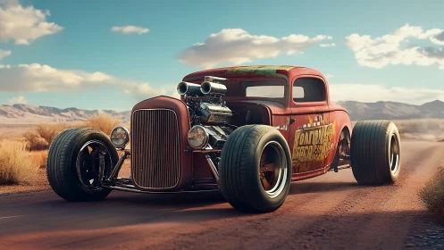 Sunlit desert hot rod cruising with raw vintage charm.