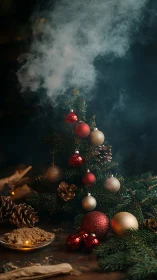 Moody tabletop Christmas tree with ornaments and smoke.