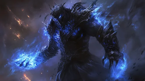 Dark armored entity emits blue spectral energy in motion
