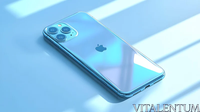 Sleek modern iPhone on glossy blue surface with bright reflections.