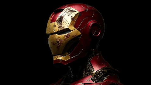 Battle-worn red and gold mech helmet rendered in dramatic profile.