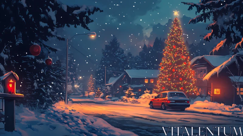 Snowlit village pauses as a towering Christmas tree glows