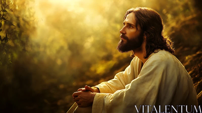 Solitary robed figure prays in golden forest light.