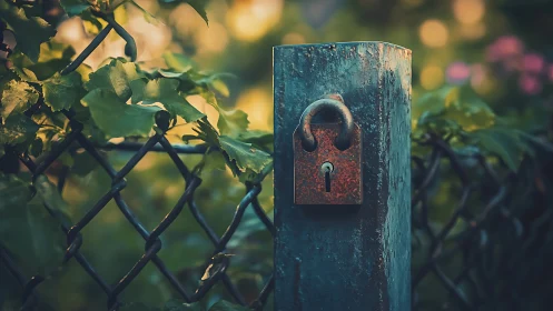 Rusty padlock on weathered post contrasts with soft garden bokeh