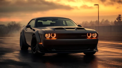 Twilight muscle car prowl with glowing predator headlights.