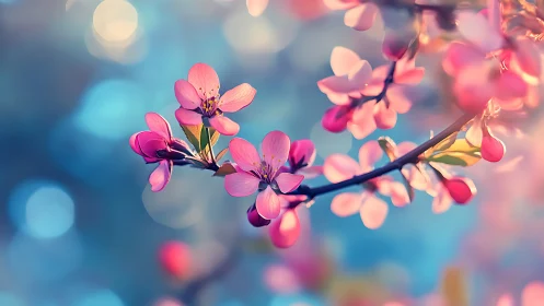 Pink Cherry Blossom Clusters on Dark Branch Against Bokeh Sky.