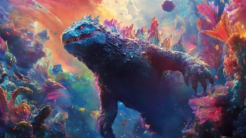 Colossal reptilian creature amid dense luminous seascape.