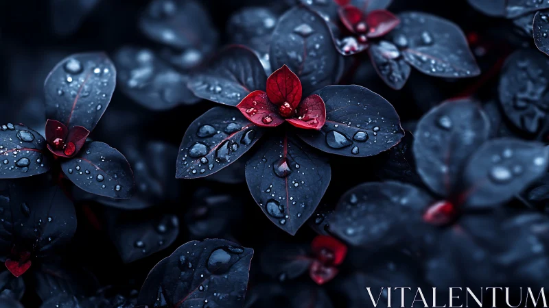 Dark Foliage with Red Flowers. Raindrops glisten on blue-black leaves