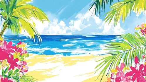 Tropical Paradise Beach Scene with Vibrant Floral Framing.