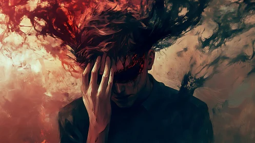 Tormented figure absorbs erupting smoke of restless mind.