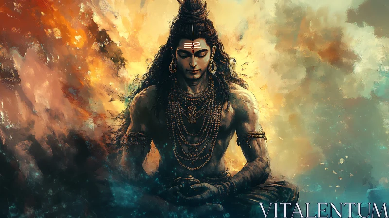 Meditating Shiva sits amid swirling fire and mist