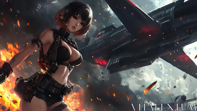 Combat pilot stands under burning sky beside fighter jet