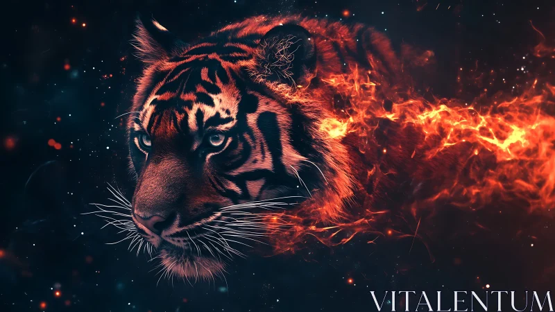 Tiger head rendered with fiery particle dispersion and neon contrast