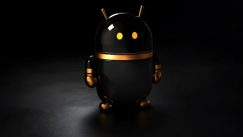 Shiny black and gold robot buddy in a cozy dark glow.