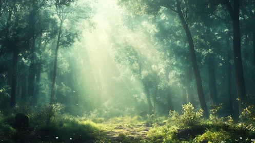 Sunlit Forest Path with Lush Greenery and Soft Misty Lighting.