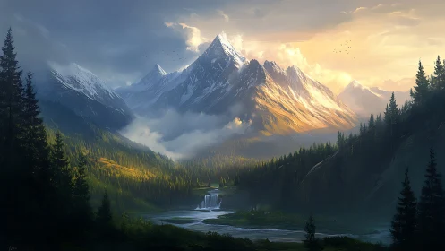 Mountain landscape shows layered peaks, forest, river and falls