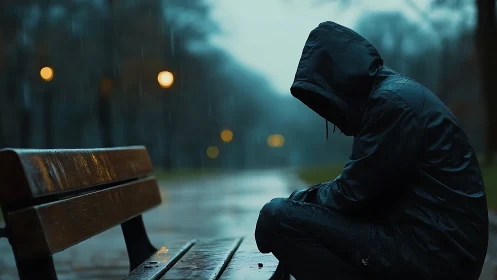 Hooded figure on wet park bench in moody nocturnal rain.