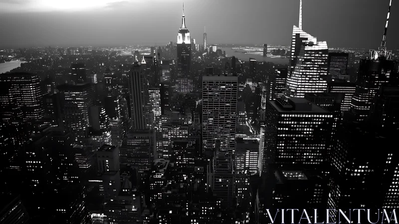 Black and white nighttime skyline over dense cityscape.