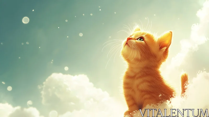 Golden kitten gazing upward in luminous celestial clouds.
