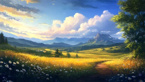 Digital pastoral landscape with golden meadow and distant peaks.