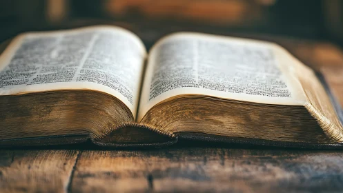 Aged leather-bound book lies open, shallow DOF and warm light