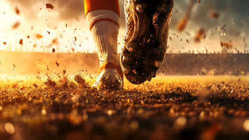 Football cleats drive through turf under blazing sunset.