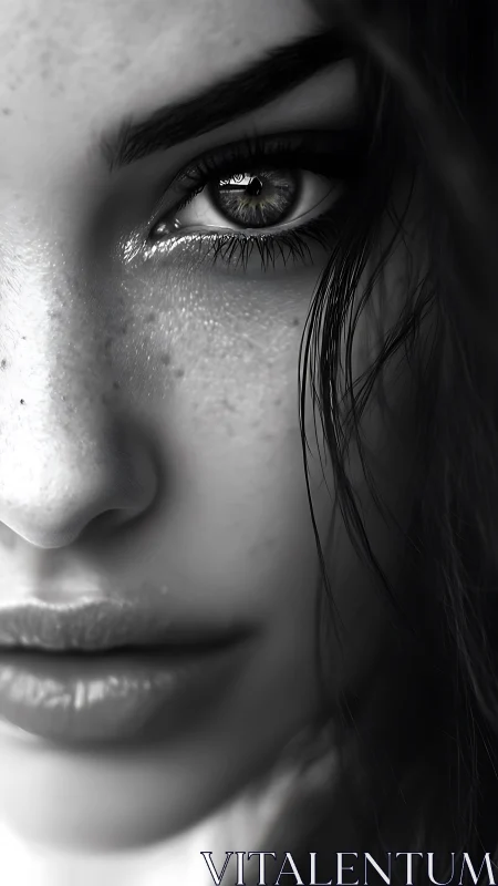 Monochrome close-up portrait with macro facial detailing.