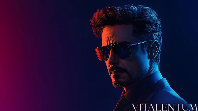 Side-lit male portrait in neon blue and magenta palette.