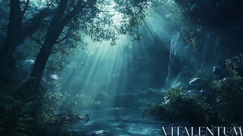 Ethereal Jungle Cascade: Sunlight Through Ancient Forest Canopy.