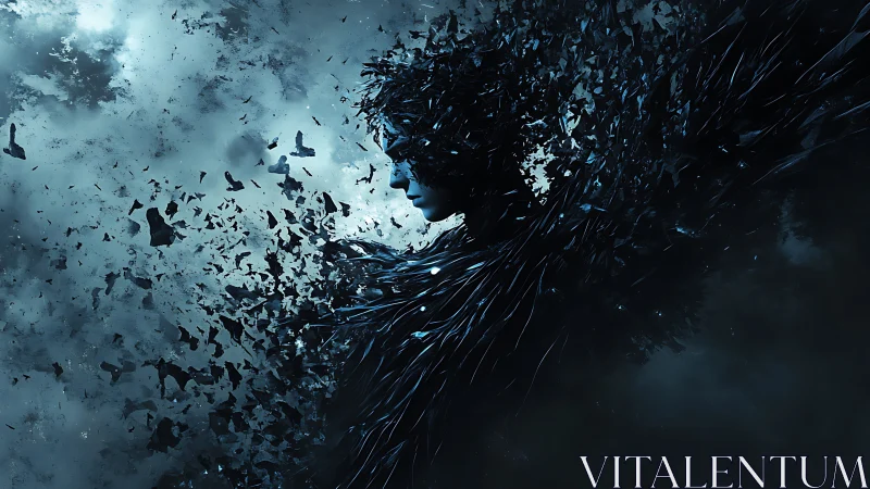 Shattered humanoid silhouette dissolving into storm fragments.