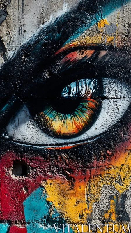 Textured graffiti eye mural with high-contrast chromatic detailing.