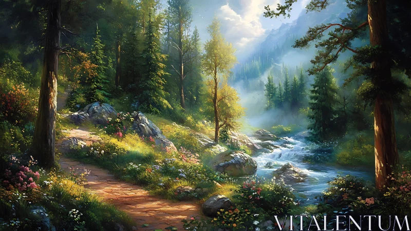 Forest valley landscape with river, mountains, and sunlit woodland scenery