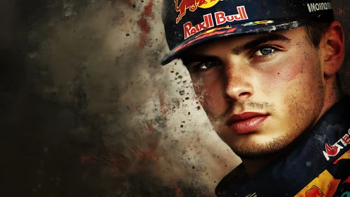 Close portrait of racing driver in branded team uniform.