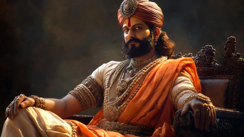 Regal bearded ruler in jeweled attire under cinematic warm lighting