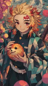Blond anime swordsman holds round dog-faced fruit calmly.