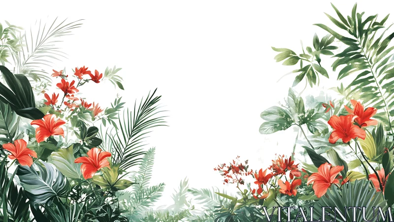 Tropical scarlet lilies edging lush green foliage frame.