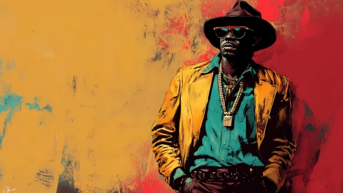 Stylized portrait of cool man in hat against bold colors.